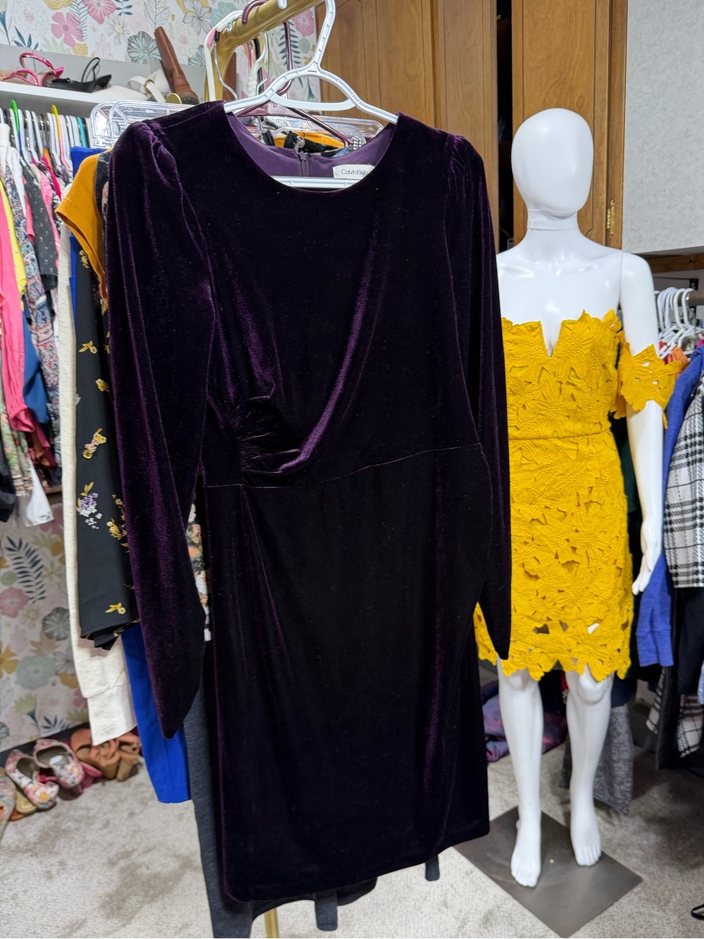 Calvin Klein Long-Sleeve Velvet Twist Waist Dress in Plum - Picture 2 of 5